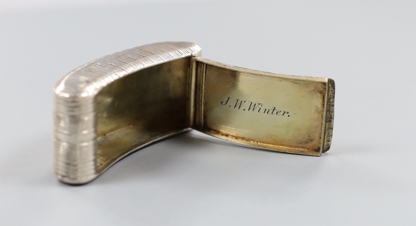 A George III silver concave snuff box, indistinct marks, maker John Linwood?, Birmingham, 18??, 65mm.